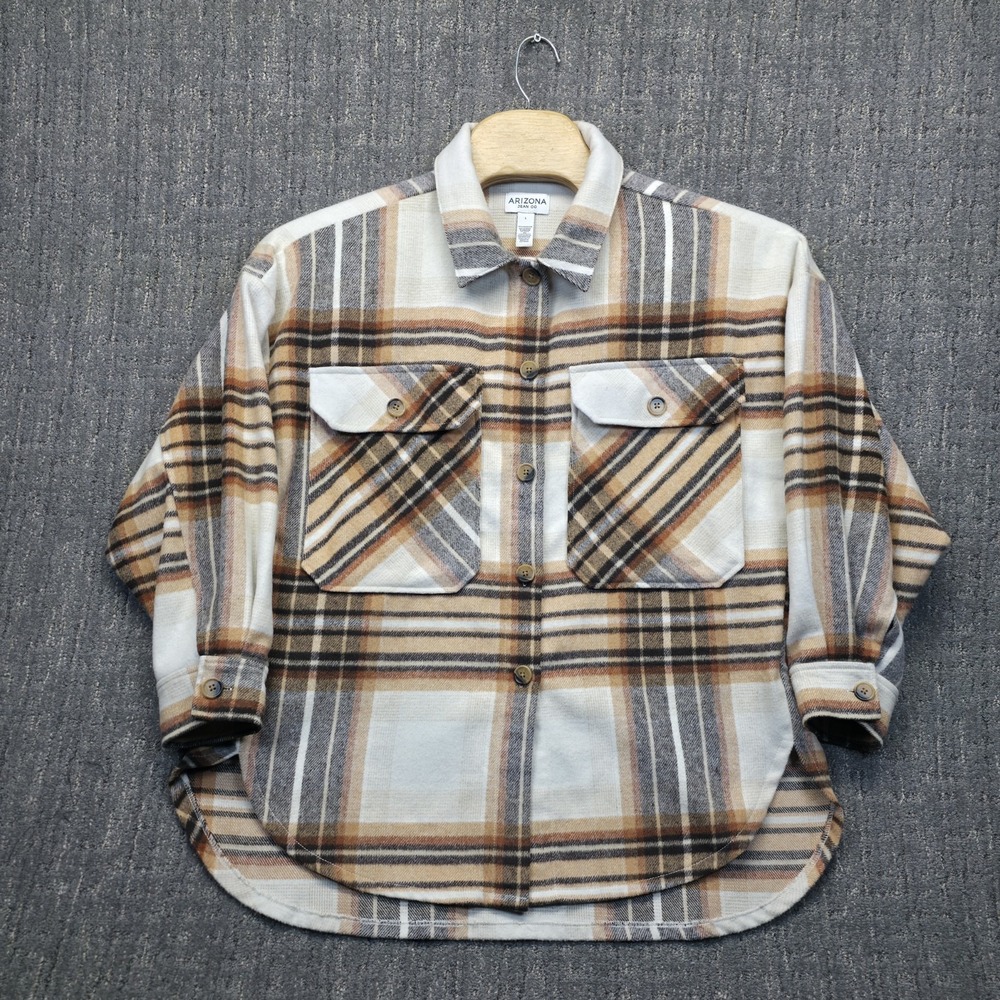 Arizona Jean Co Shacket Flannel Shirt Women Large Plaid Beige Wool Blend Relaxed